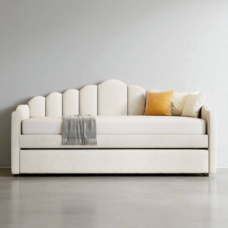 Twin Size Velvet Upholstered Daybed with Trundle, USB Charging Ports, Side Pockets, No Box Spring Required - Beige - Twin
