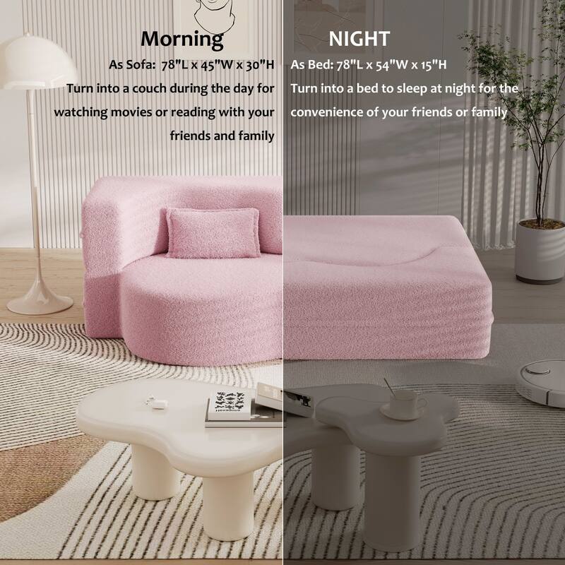 Modern Convertible Teddy Fabric Foam-Filled Sleeper Sofa Bed with 2 Pillows