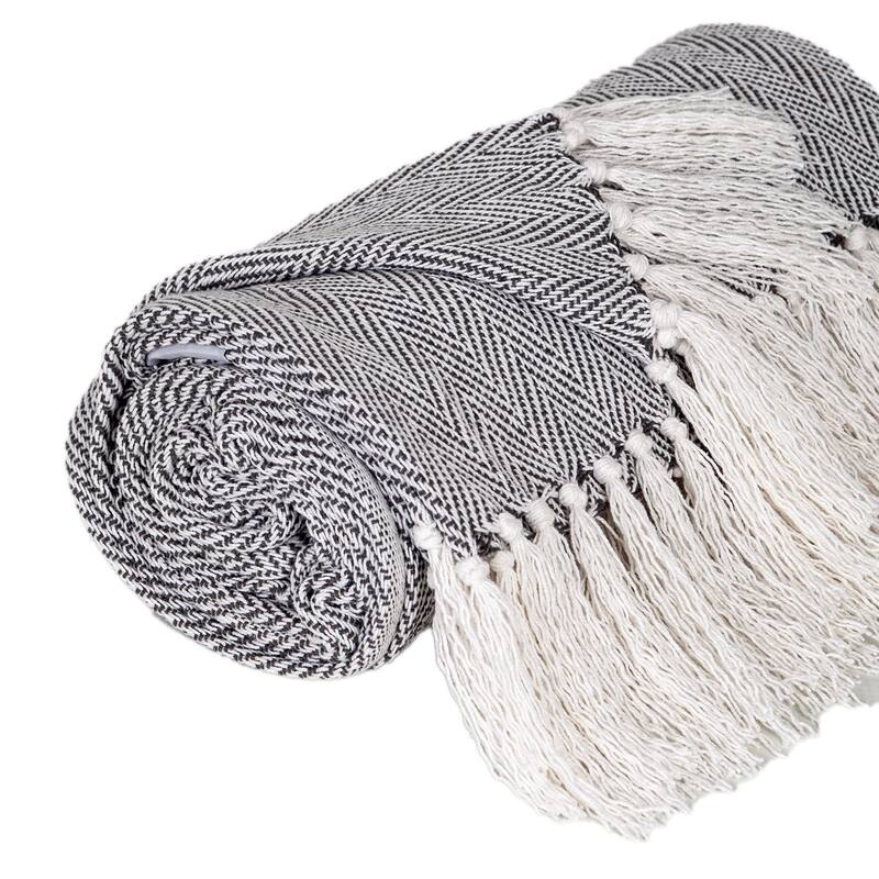 HomeRoots 52" X 67" Gray and Ivory Woven Cotton Herringbone Throw Blanket with Fringe