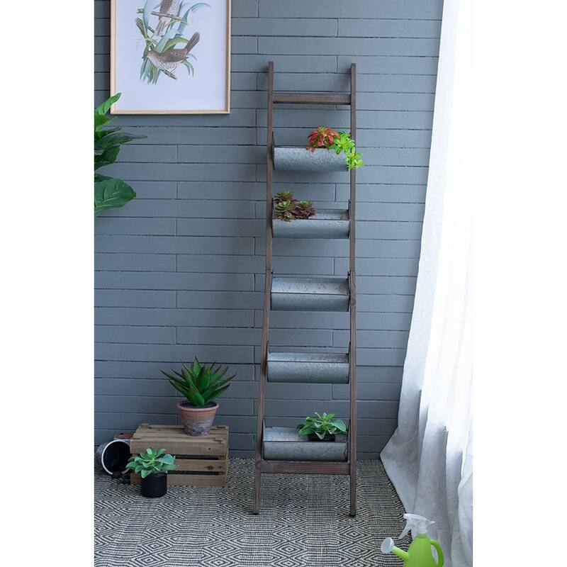 Farmhouse Foldable Reed Galvanized and Wood Ladder Planter 14.2" x 7.5" x 70.9" - Antique Gray,Antique Silver,Brown