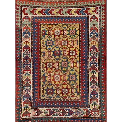 Pre-1900 Antique Kazak Vegetable Dye Rug Hand-Knotted Wool Carpet - 3'7" x 5'2"
