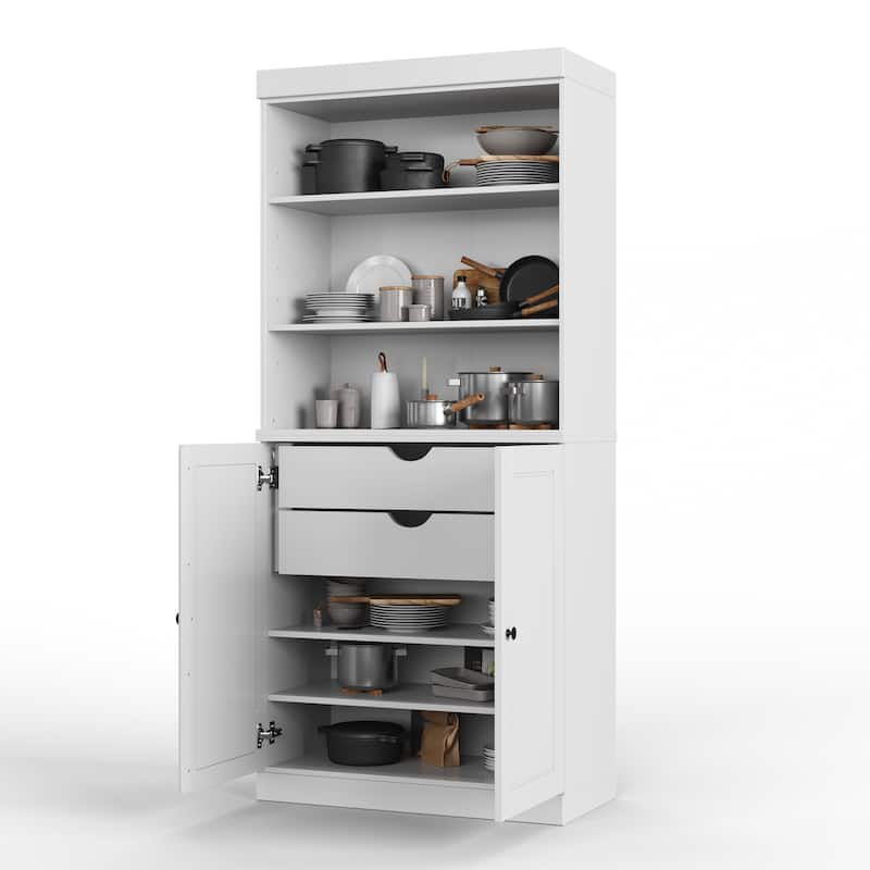 100% Solid Wood Kitchen Pantry Cabinet with 2 Clear Glass or Solid Wood Doors and 2-Drawer Organizer by Palace Imports