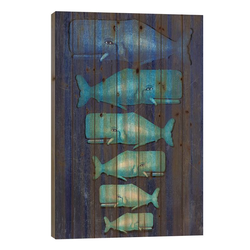 Whale Family Blue On Blue Print On Wood by Fab Funky - Multi-Color - 26x18x1.5
