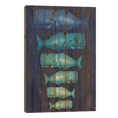 Whale Family Blue On Blue Print On Wood by Fab Funky - Multi-Color