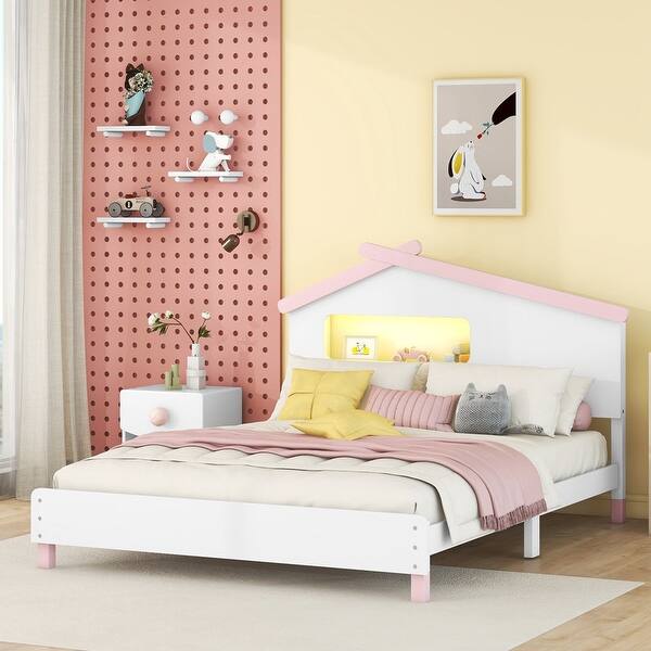 slide 2 of 45, House-shaped Wood Platform Bed with Motion Activated Night Lights Pink - Full