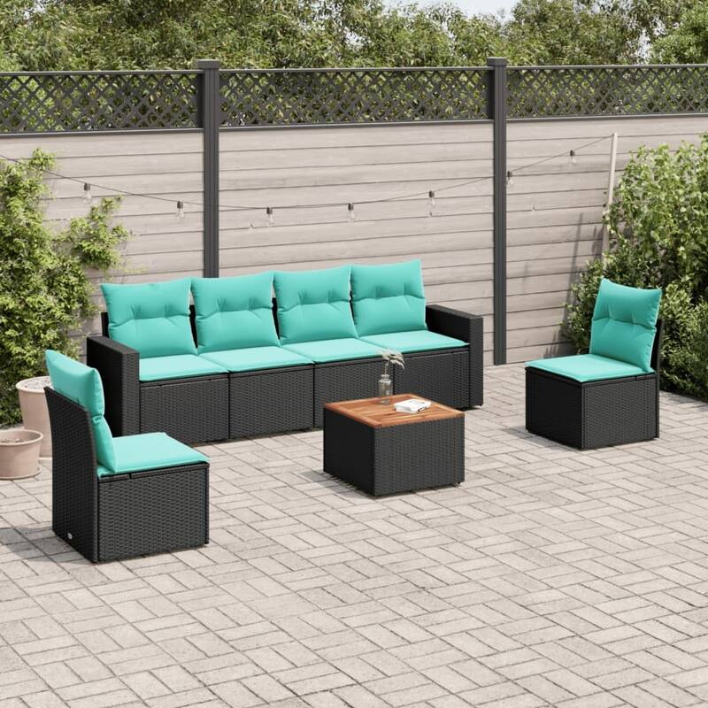 vidaXL Patio Sofa Set with Cushions Outdoor Furniture 7 Piece Poly Rattan - 25.8x 24.4x 27.2 - Black and Blue