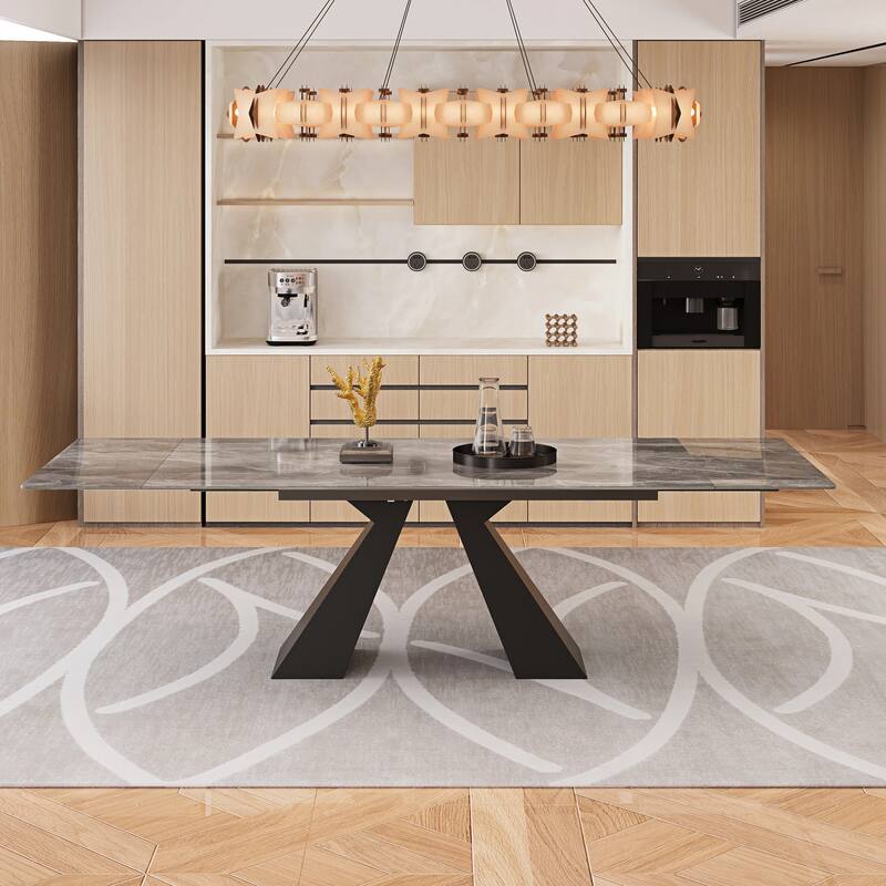 63'' to 94.5” Extendable Dining Table For 8-10 with Sintered Stone Tabletop and Metal Base - 94.48"