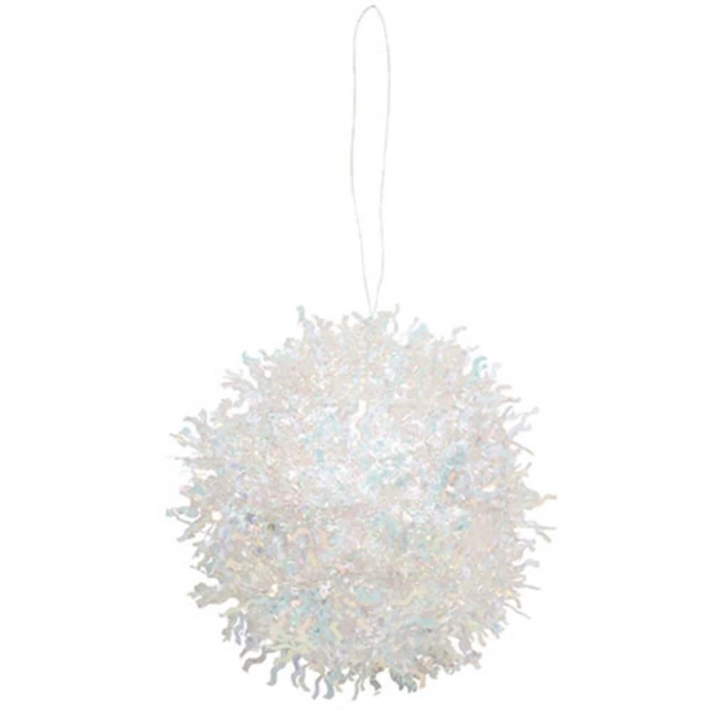 White Opalescent Tinsel Ball Ornament with Clear Hanger Christmas Decor 5x5 in - 5" H x 5" diameter