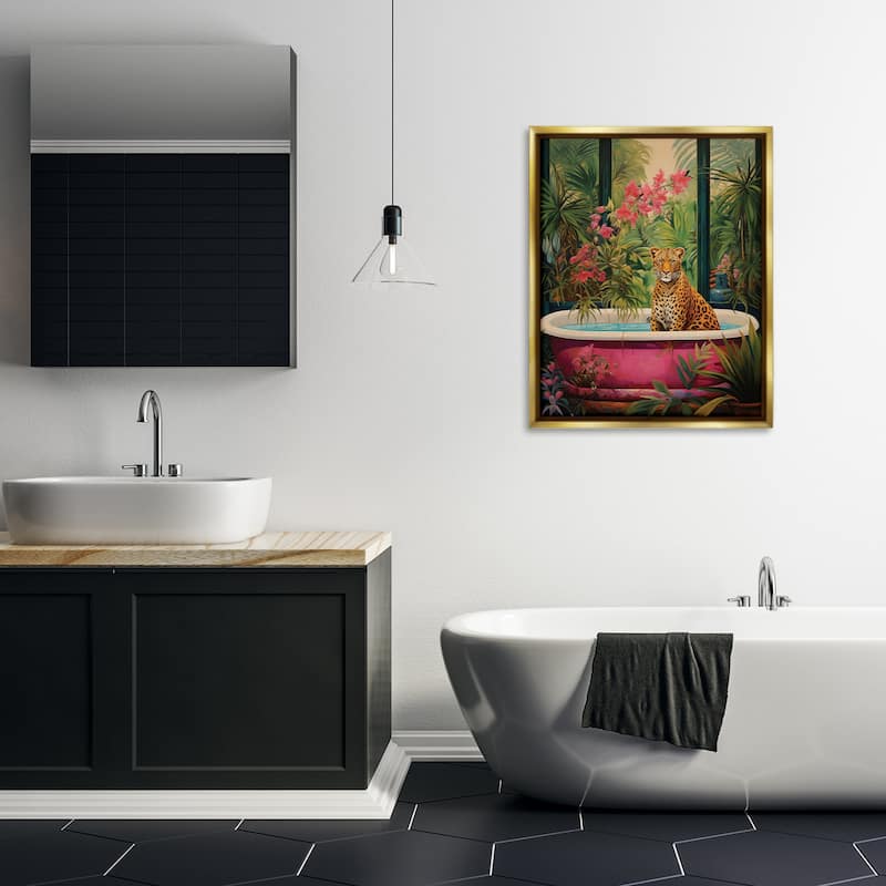 Stupell Leopard in Lush Tropical Bath Framed Floater Canvas Wall Art Design By Heidi Kuntz