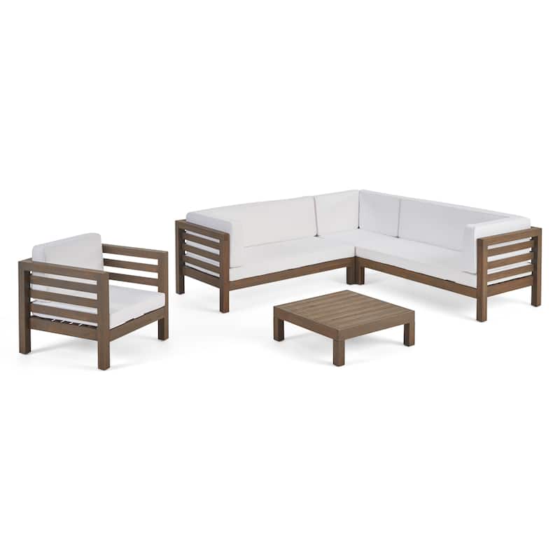 Oana Outdoor 6-seat Acacia Sectional Sofa / Club Chair Set by Christopher Knight Home - Gray Finish + White