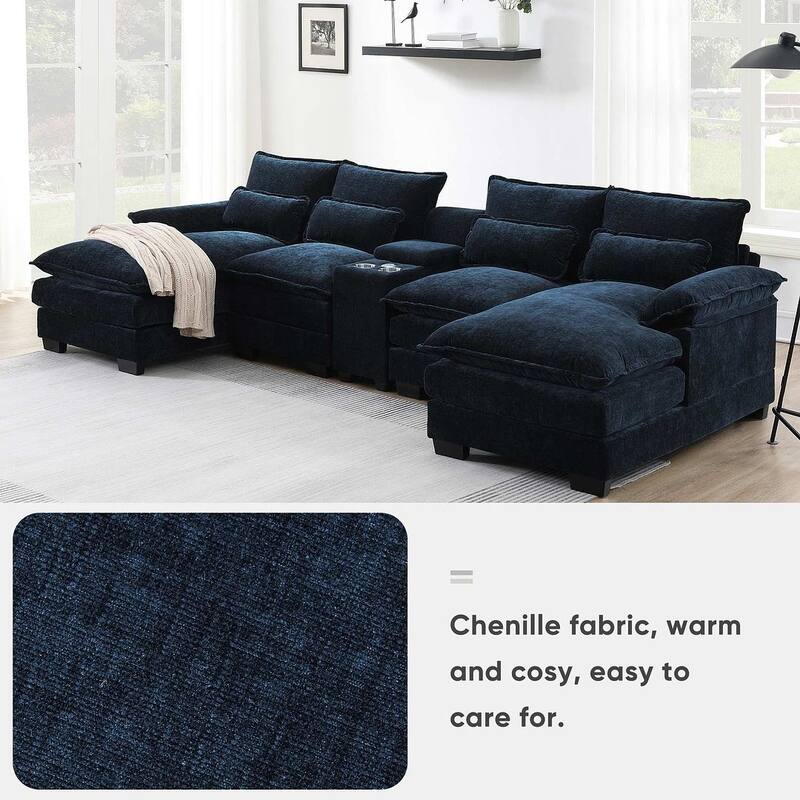 123"W modern u-shaped living room upholstered sofa with console, cup holders and USB ports