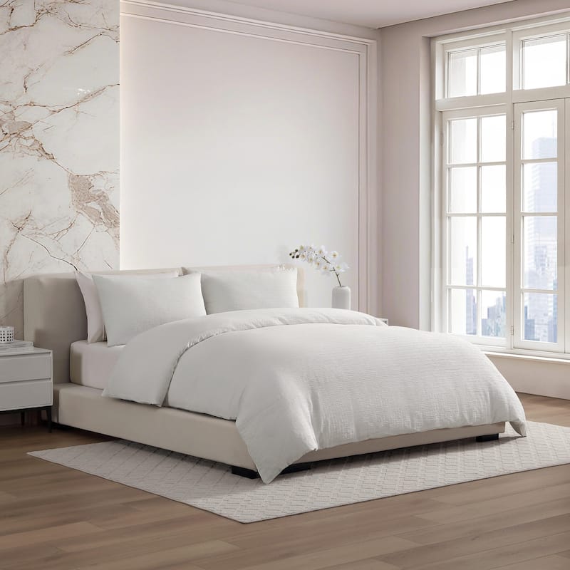 Vera Wang Crinkle Textured Reversible Duvet Cover Set Minimal Design (White, 3 Piece)