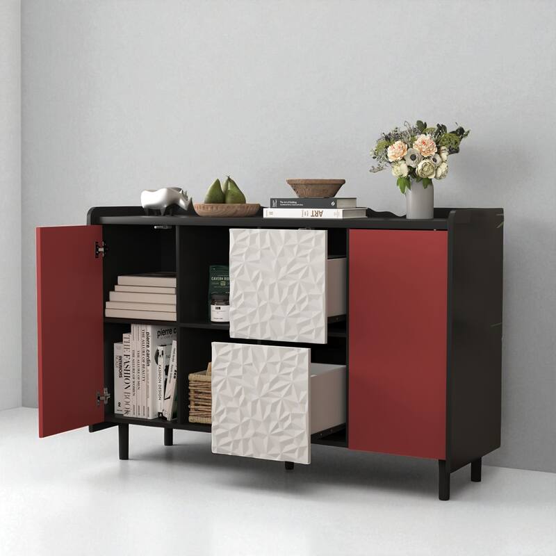 Modern Black Sideboard Buffet Cabinet with Doors, 2 Drawers, and Open Storage for Kitchen or Dining Room