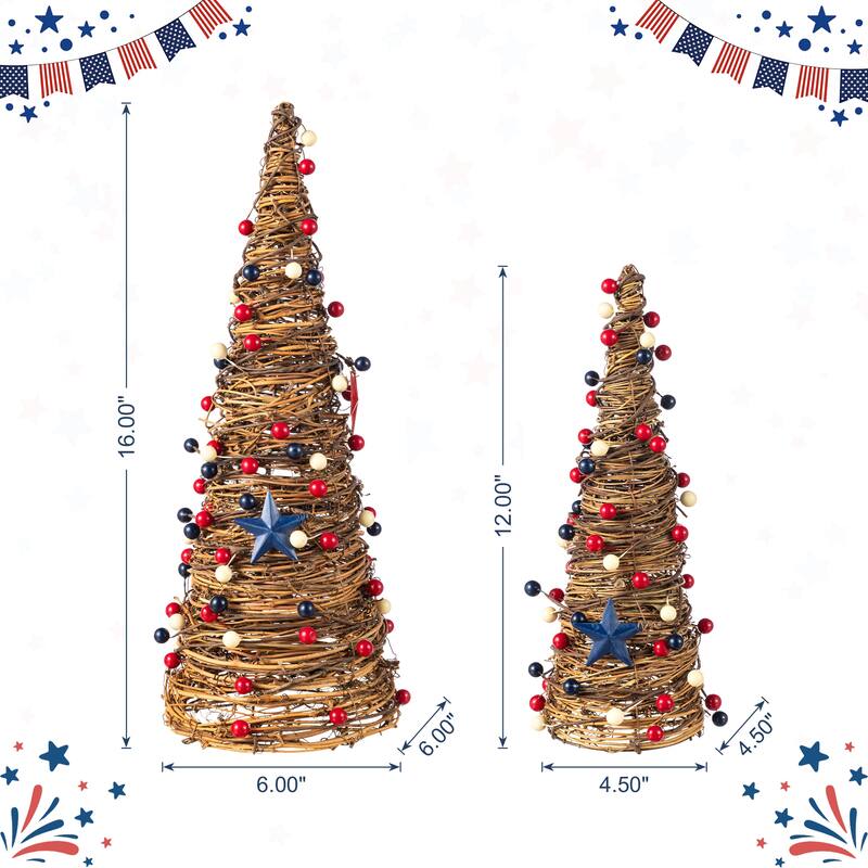 Glitzhome Set of 2 Patriotic/ Americana Rattan Stars and Berry Cone Table Tree