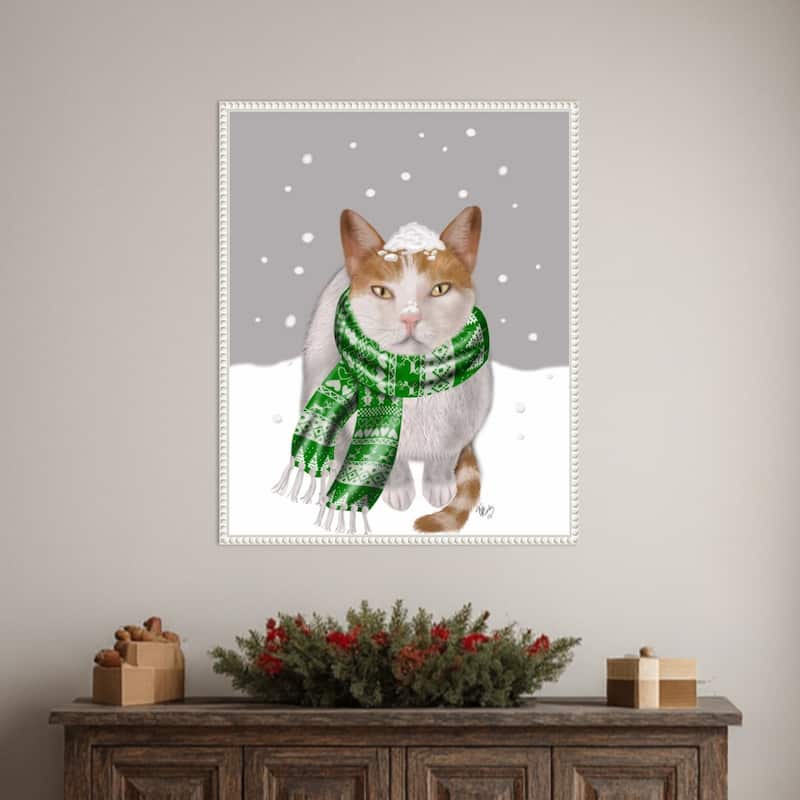 White Cat Green Scarf by Fab Funky (23 x 28 in.), Framed Canvas Wall Art Print - Sylvie Beaded White