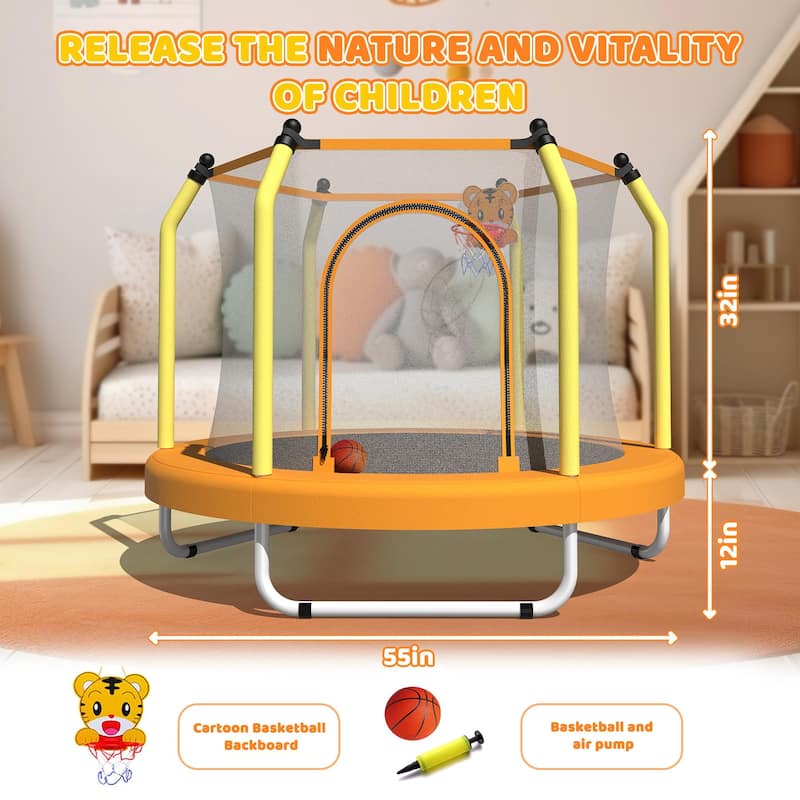 55-inch Trampoline for Kids Indoor & Outdoor Small Toddler Trampoline with Basketball Hoop