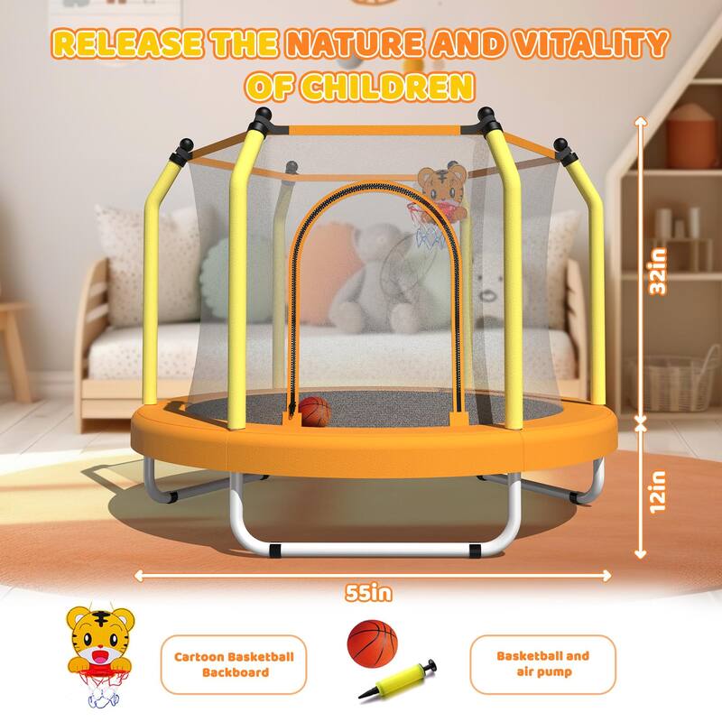 Toddler Trampoline - Basketball Hoop, Indoor Outdoor Use - Yellow - 55