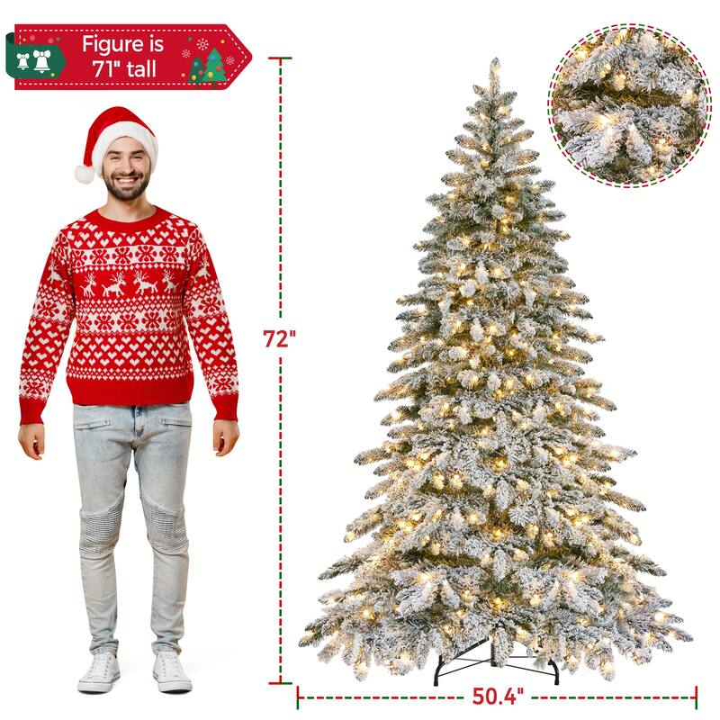 Yaheetech 6ft/7.5ft Pre-lit Snow Flocked Christmas Tree with 400 Warm LED Lights & 940 Tips, Green