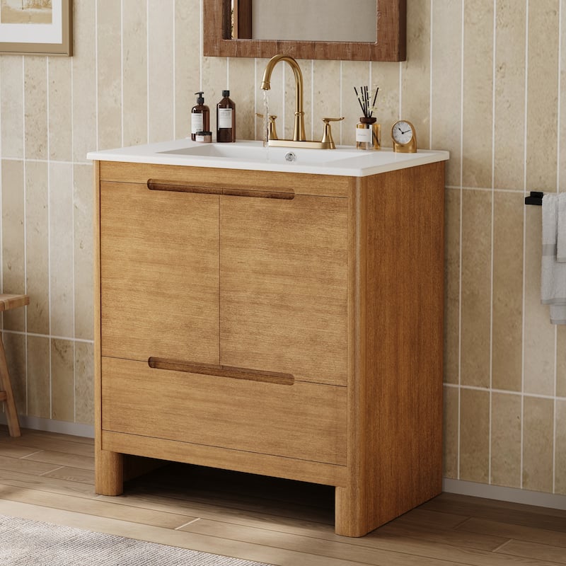 Christopher Knight Home - Harlow Modern 30" Bathroom Vanity with Ceramic Sink, Soft-Close Doors & Drawer, Adjustable Shelf - Light Brown