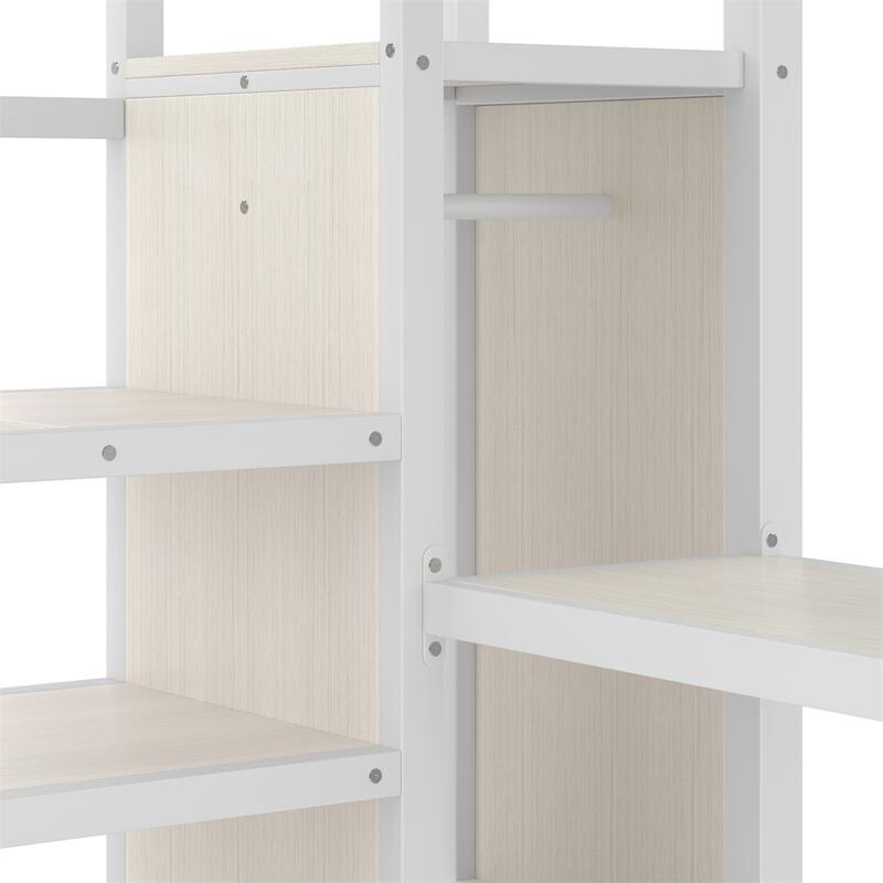 Queen Size Loft Bed with L-shaped Desk & USB,Metal Loft Bed w/Wardrobe