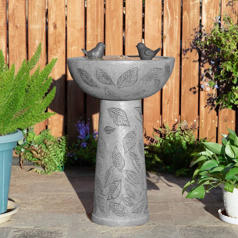 Glitzhome Birdbath Polyresin Outdoor Fountain with Birds, Pump and LED Light - Grey - 27.5"H