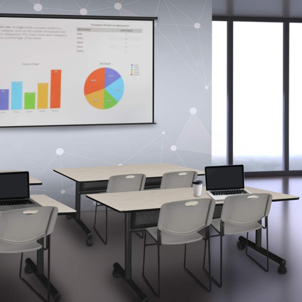 60" x 24" Flip Top Mobile Training Table with Modesty Panel- Maple and 2 Stack Chairs- Grey