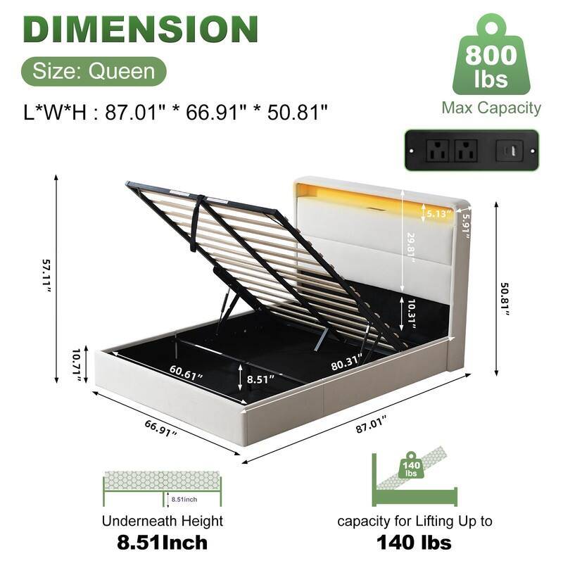 Upholstered Platform Bed With Charging Station & LED Lights - White - Queen