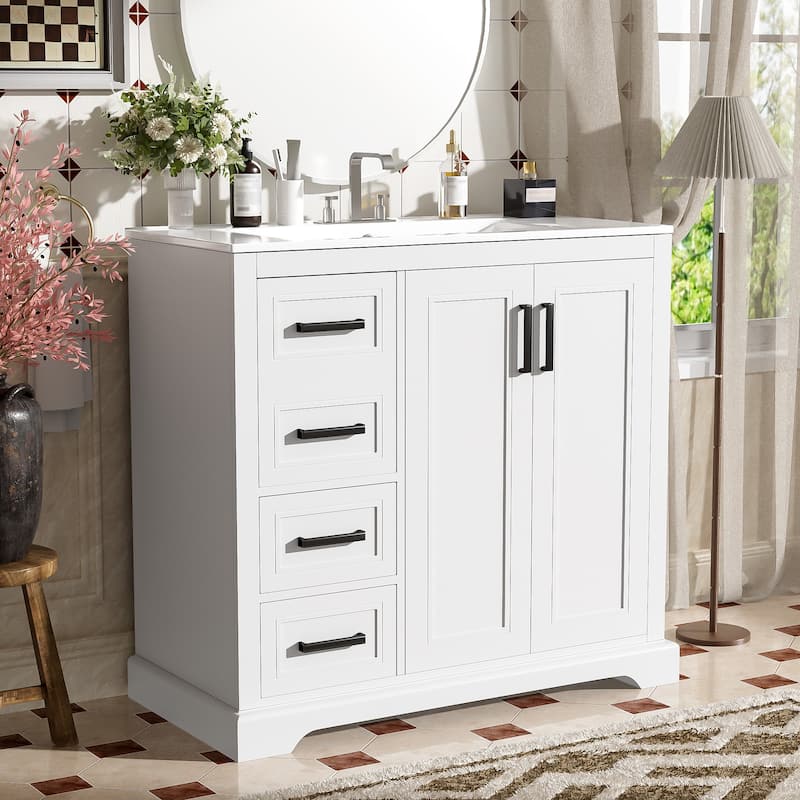 36" Modern Bathroom Vanity with Ceramic Sink, White Freestanding Cabinet with Soft-Close Doors, 3 Drawers & Adjustable Shelf