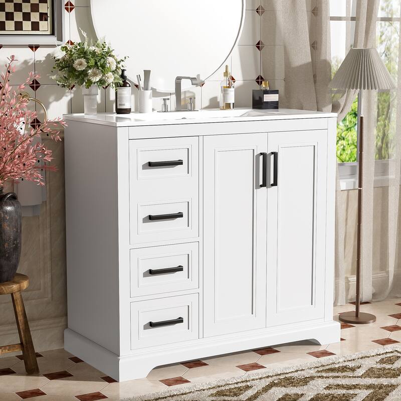 Anmytek 36 Inch Modern Bathroom Vanity with Ceramic Sink Soft Closing Door Adjustable Shelf and 3 Drawers