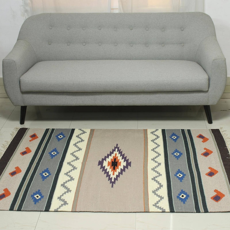 Handmade Grey Songs Wool dhurrie rug (India) - Big
