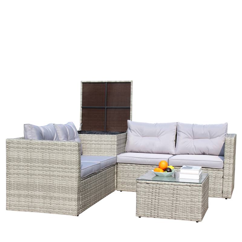 4 Pcs Patio Furniture Set, All Weather Outdoor Conversation Set, Wicker Rattan Sectional Sofa Set with Storage Box and Table