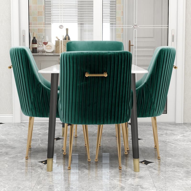 SEYNAR Modern Glam Boucle Pleated Velvet Dining Chair or Vanity Chair Set of 4 with Rear Handle - Deep Green