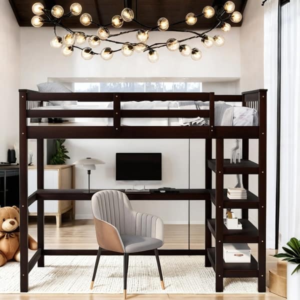 slide 2 of 11, Pine Wood Bunk Bed with Storage Shelves and Under-Bed Desk,Twin Size Espresso