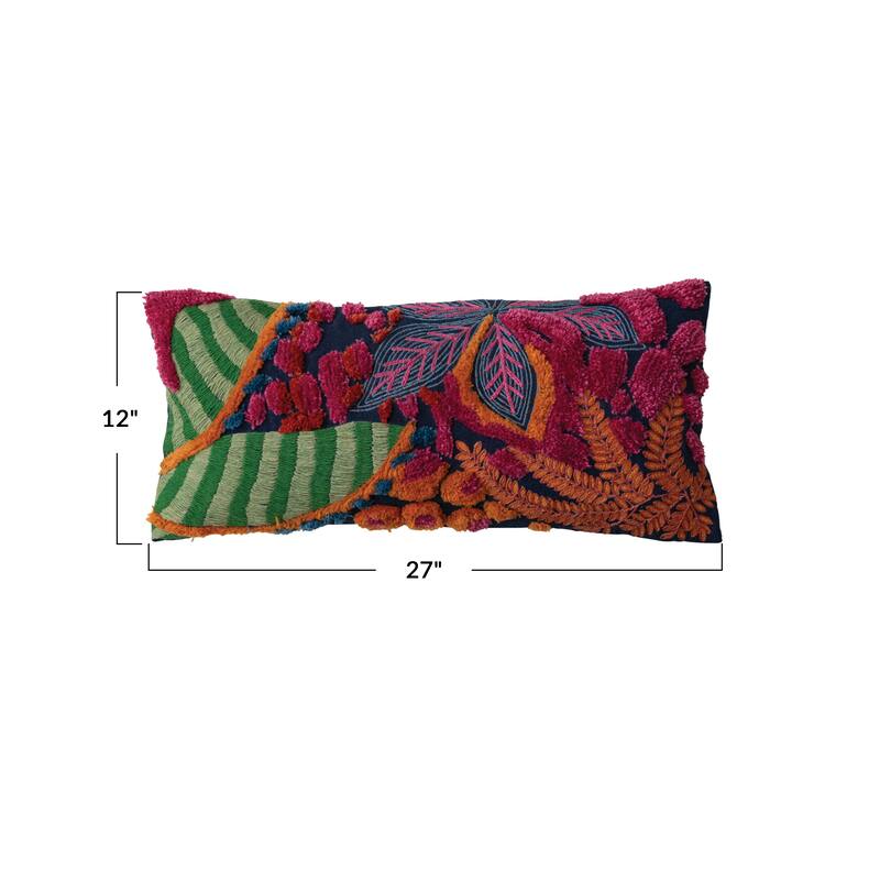 Embroidered Fabric Indoor/Outdoor Lumbar Pillow with Tufting - 27.0"L x 12.0"W x 1.0"H