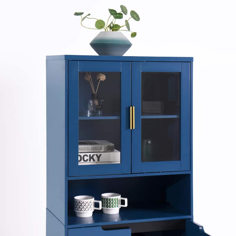 Tall Kitchen Pantry Cabinet with 2 Glass Display Doors & 2 Solid Doors