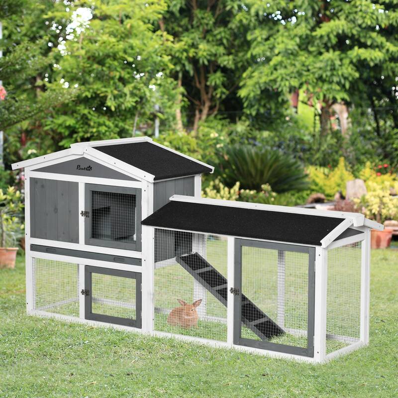 PawHut 69" Rabbit Hutch, Wooden Bunny Hutch, Guinea Pig Cage, Small Animal Enclosure with Run Area, Removable Tray