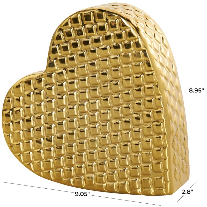 Gold or Silver Aluminum Metal Slanted Heart Sculpture with Dimensional Cube Textured Exterior
