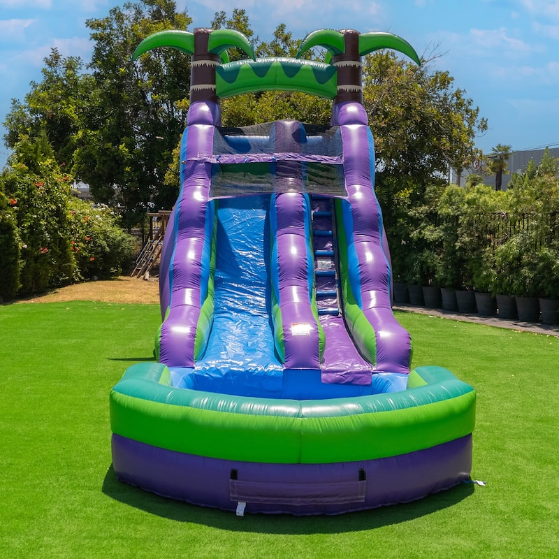 HeroKiddo 16' Purple Tropical Commercial Grade Inflatable Water Slide with Attached Pool & Air Blower Included, Kids Outdoor Fun