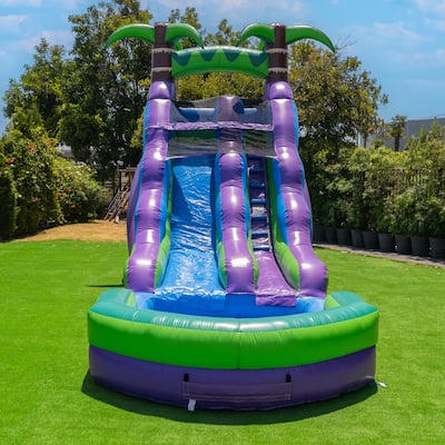 HeroKiddo 16' Purple Tropical Commercial Grade Inflatable Water Slide with Attached Pool & Air Blower Included, Kids Outdoor Fun