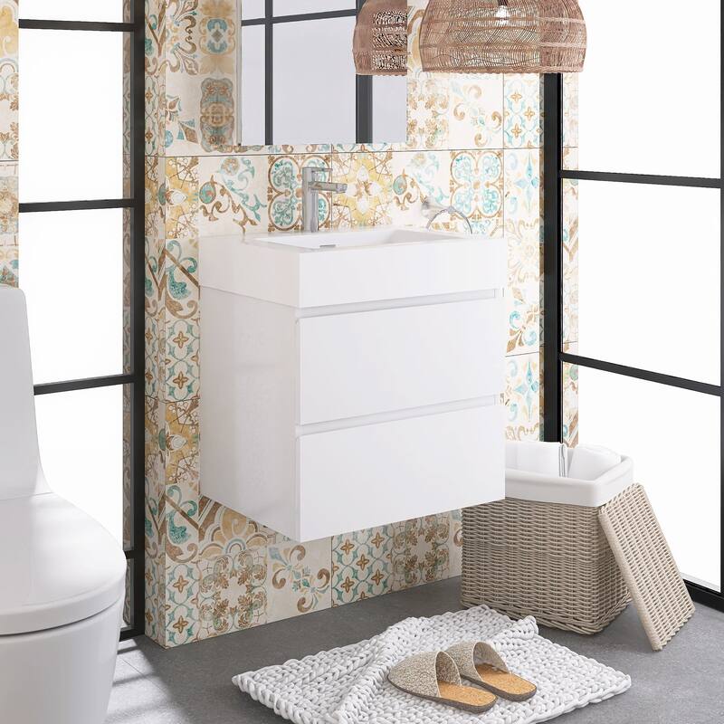 Wood Wall-Mounted Bathroom Vanity Set with White Integrated Resin Sink