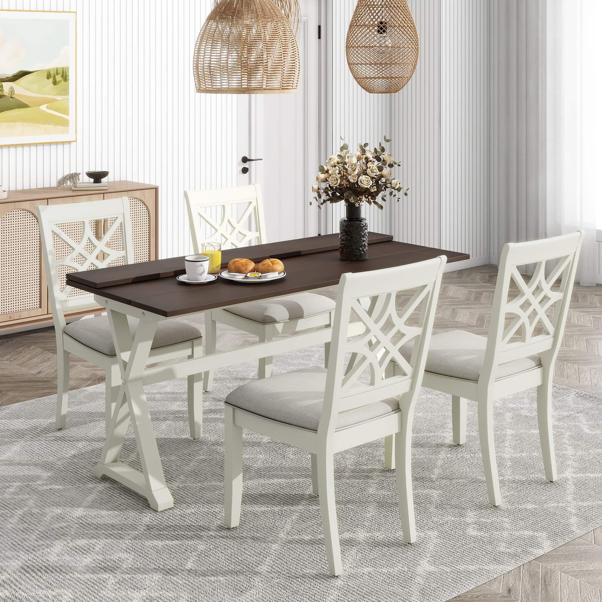 5-Piece Extendable Rubber Wood Dining Table Set with Flip Lids, Console ...