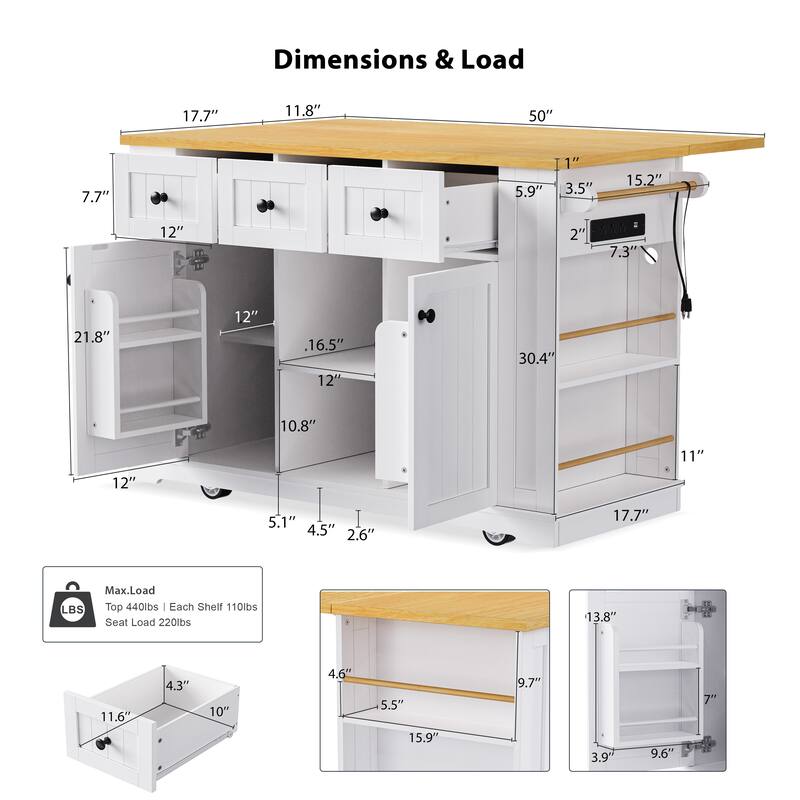 53" Large Kitchen Island with Drop Leaf, Power Outlet, Rolling Cart with Internal Door Racks, Wheels
