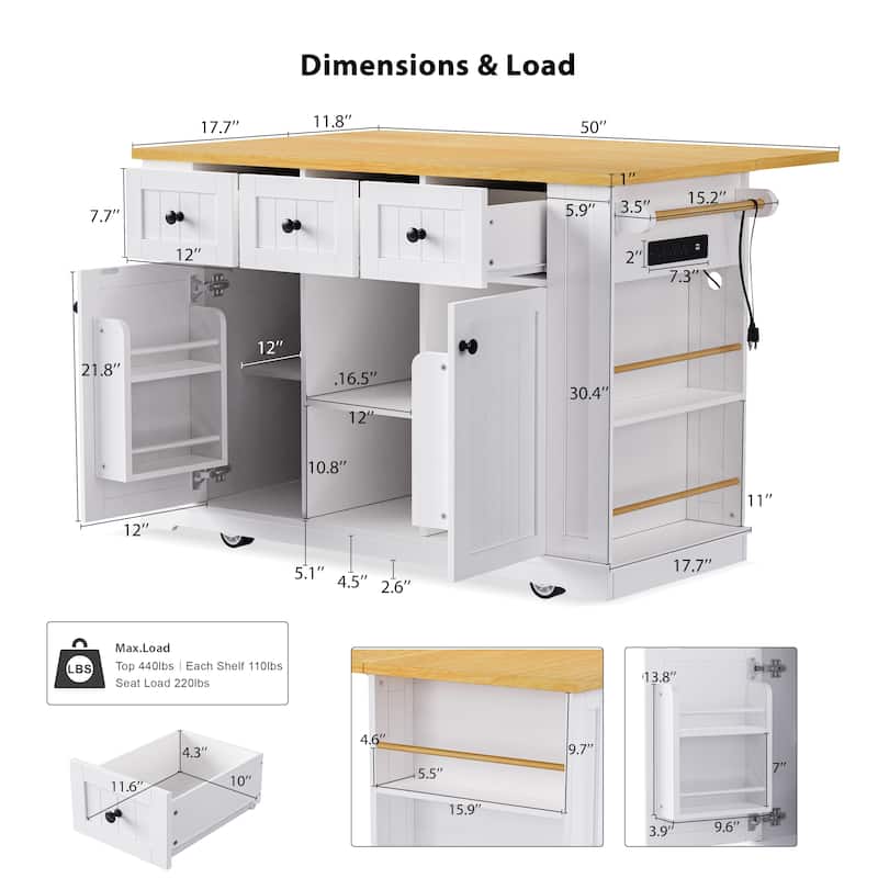 Kitchen Island on 5 Wheels with Drop Leaf, Kitchen Island Cart with Power Outlet, Movable Carts with Internal Storage Rack