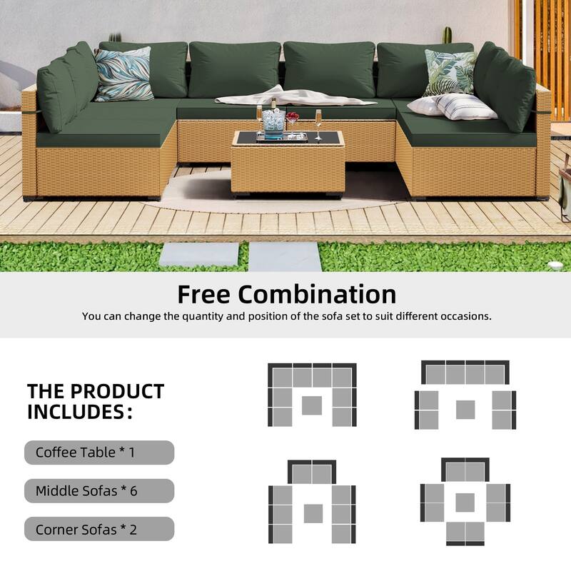 Patio Watcher Patio Conversation Set 9-Piece Yellow Wicker Sectional Seating Group with Cusions