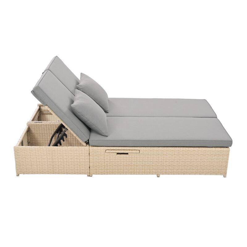 Outdoor Patio Rattan Double Daybed Sunbed with Adjustable Backrest and Seat