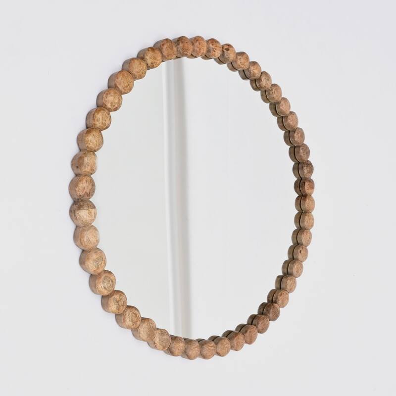Round Natural Wooden Bead Frame Hanging Wall Mirror - Decorative Accent