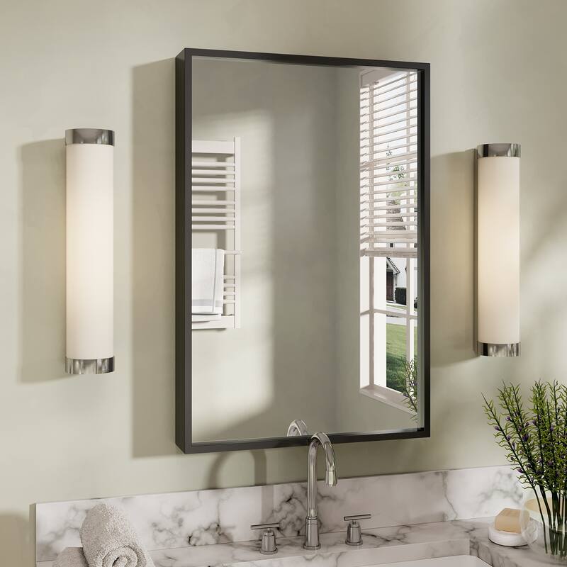 Tempered Glass and Metal Framed French Cleat Mounted Wall Bathroom / Vanity Mirror - 24" x 16" - Black