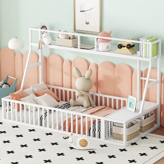 Stylish Twin Floor Bed with Safety Fence, Desk and Storage for Kids
