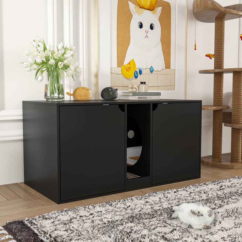 Hidden Cat Litter Box Enclosure Furniture, Cat Washroom w/Double Room