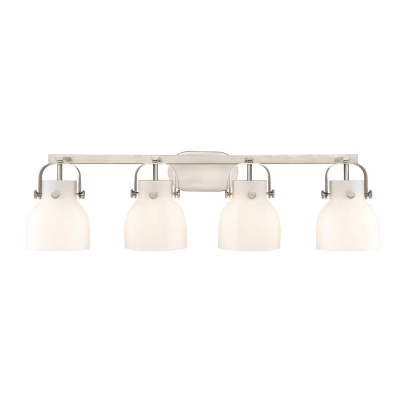Innovations Lighting 423-4W-10-37 Pilaster II Bell Vanity Pilaster II - Satin Nickel / Matte White